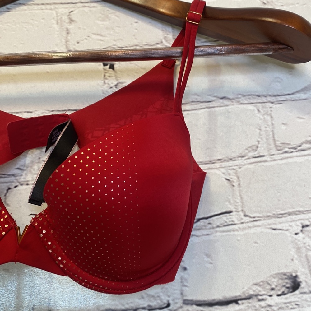 Victoria's Secret Red Gold Dot Underwire Padded Bra Size 32C Excellent Condition - Picture 6 of 10